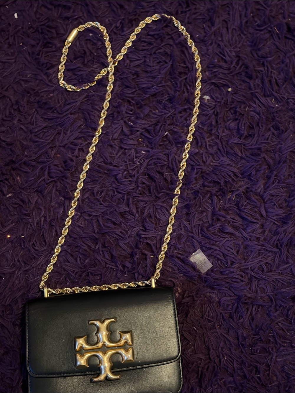 Tory Burch Black Leather Crossbody with Gold Logo and Chain